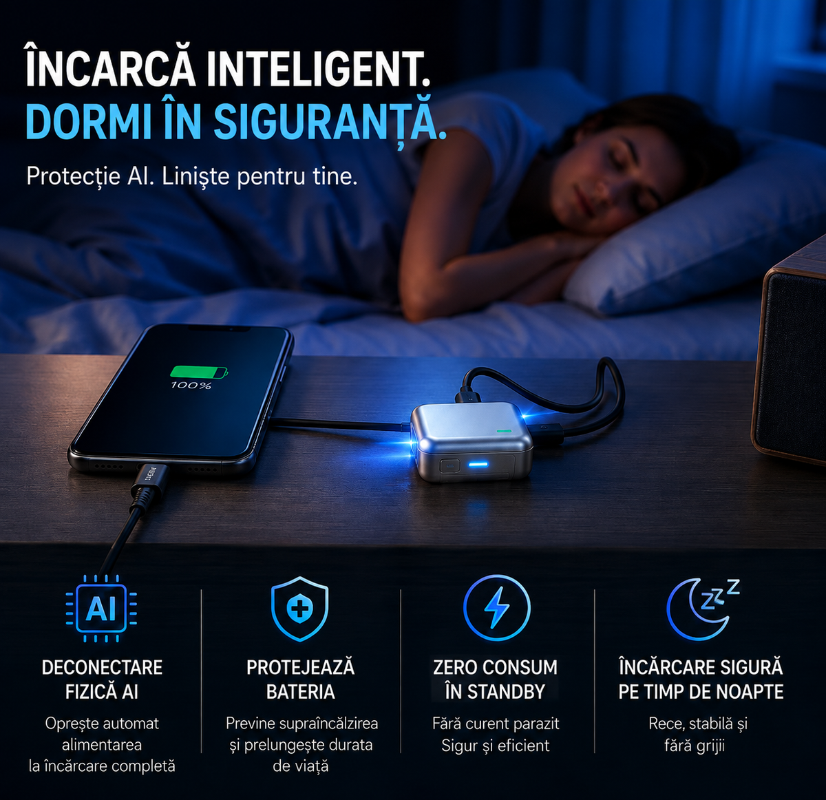 Adaptor USB-C cu Încărcare Rapidă  și Oprire Automată la 100% – Auto Pop-Out